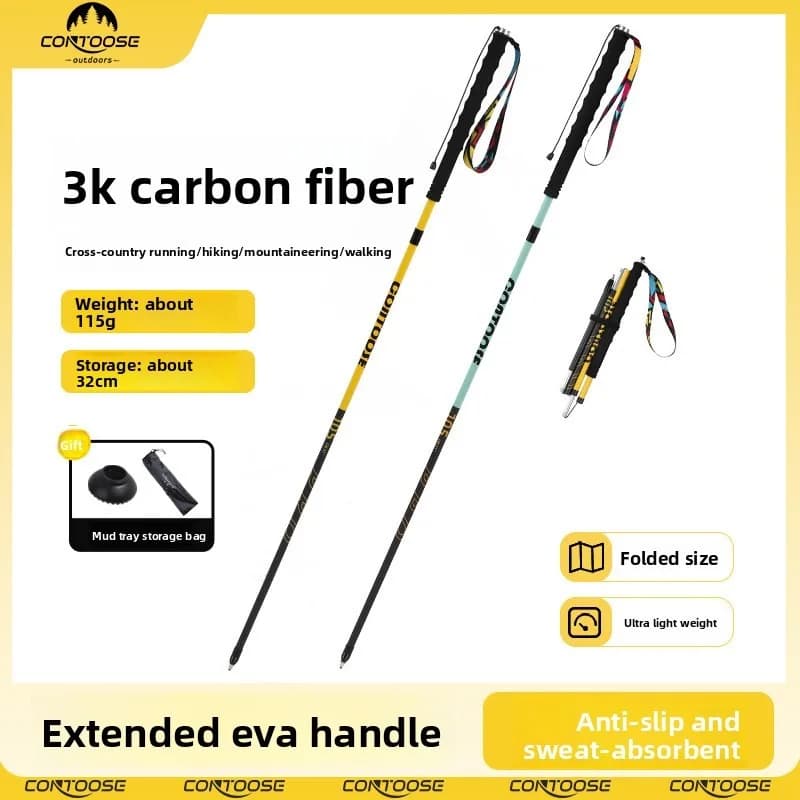 3K Carbon Fiber Trekking Poles Foldable Running Walking Hiking Sticks Lightweight Durable