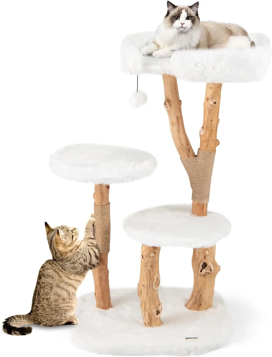 Tangkula Tiragraffi per Gatti in Legno Massello, Moderno Tiragraffi a Torre in Legno con Piattaforma, Tiragraffi in Juta, Palla Pendente, Peluche Lungo e Morbido, Lusso