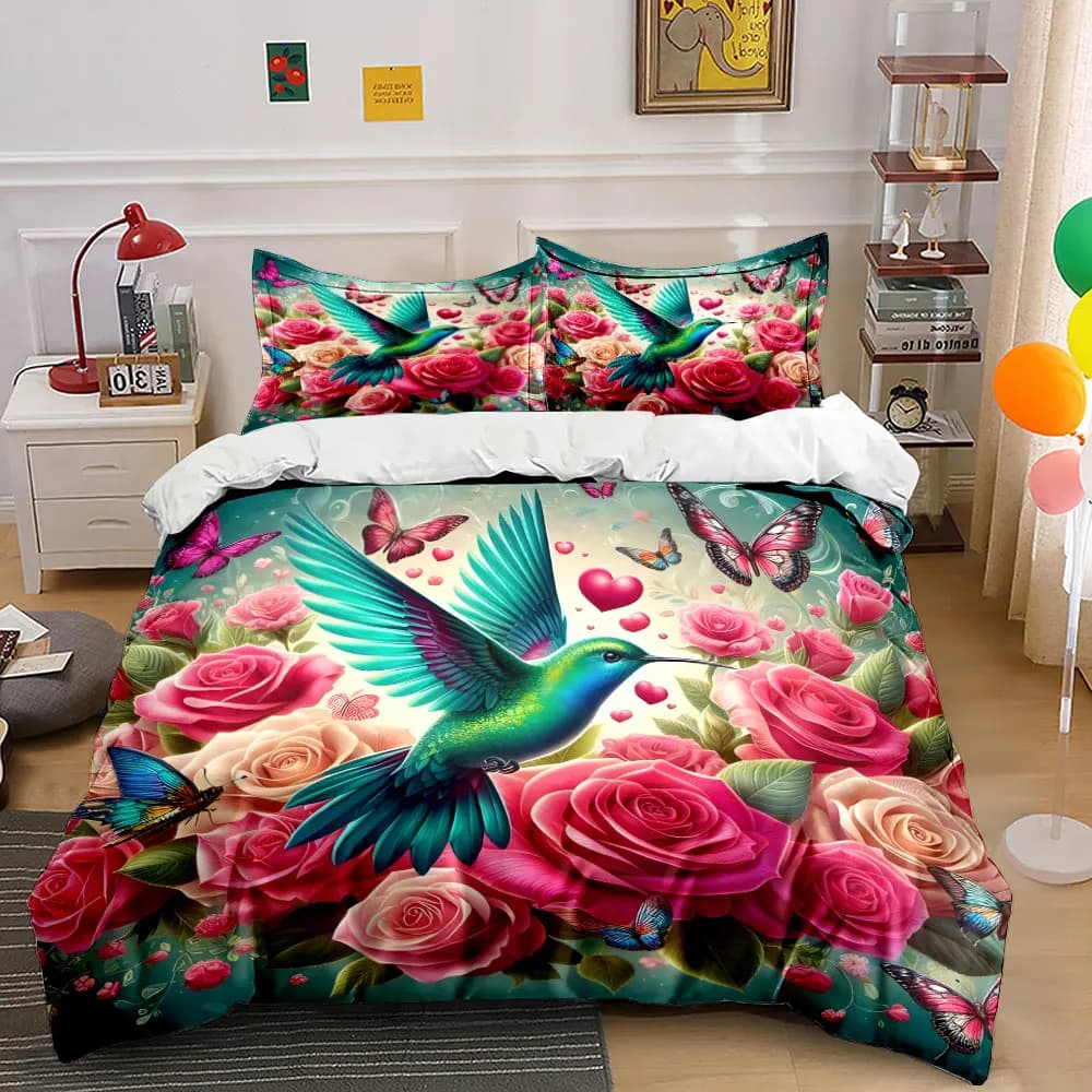 Set di biancheria da letto con stampa di fiori vivaci e farfalle svolazzanti, morbido e confortevole, include 1 copripiumino e 2 federe.