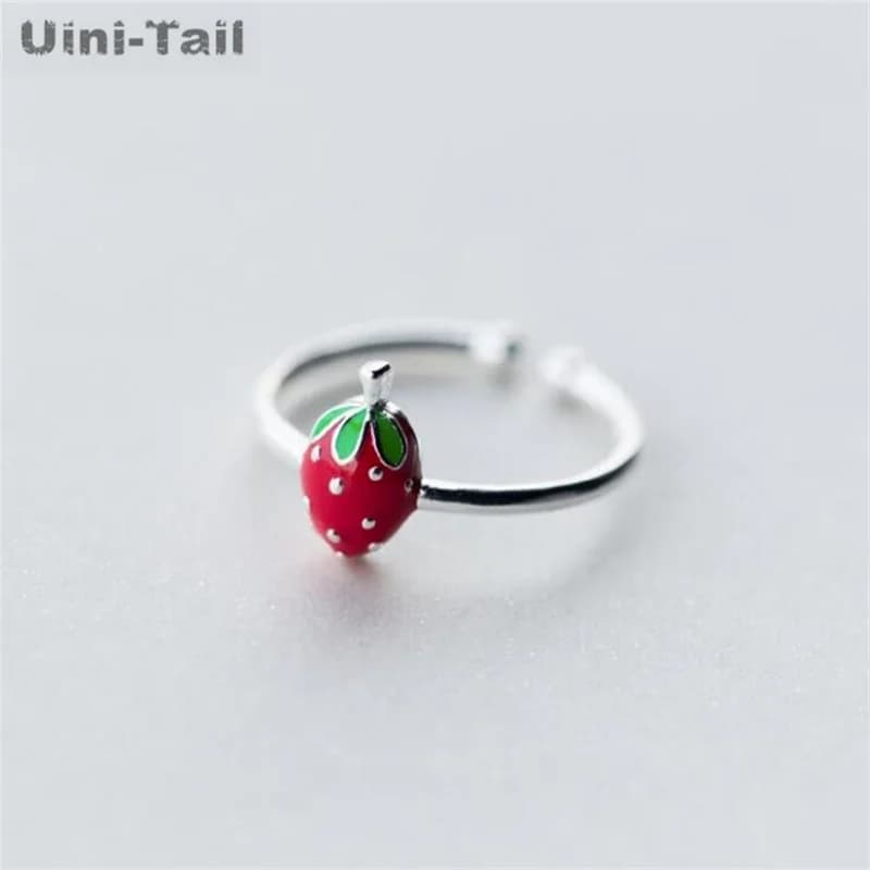 UiniTail hot selling new 925 sterling silver cute strawberry open ring fashion trend sweet high quality fruit ring jewelry JZ227