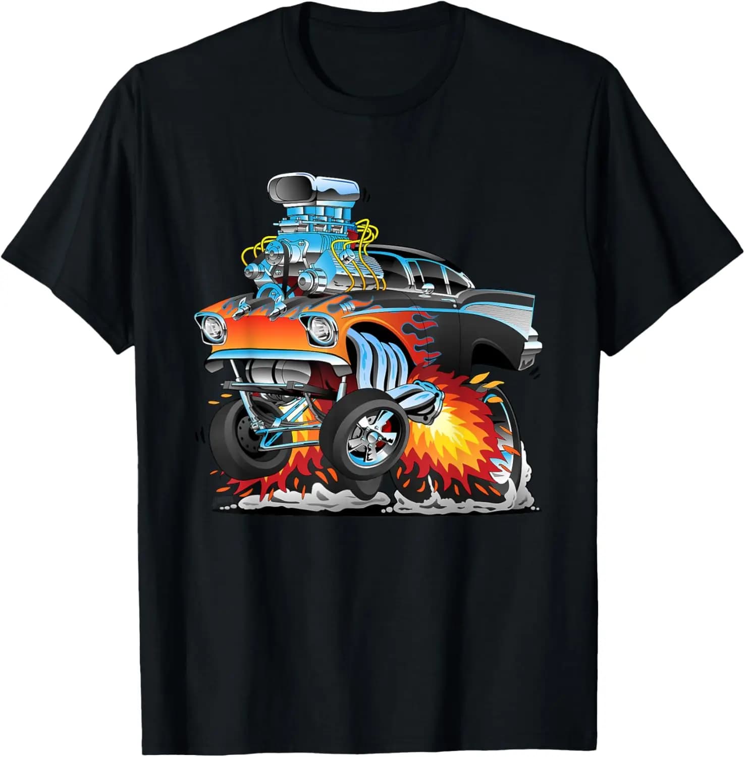 Funny Classic Hotrod Fifties Drag Racing Muscle Car Cartoon T-Shirt 100% Cotton Trendy Y2K Short-Sleeve Tee – Soft, Quick-Drying, Wrinkle Resistant Light Cotton Graphic Tshirt Soft Stretchy Casual Summer Short Sleeve