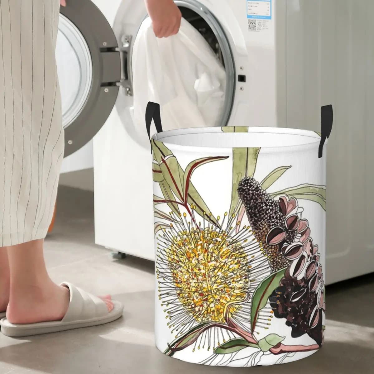 Foldable Bucato Basket with Motivo Floreale Banksia, Flora Australiana, Yellow, for Various Dresses and Objects, Organizer for Home