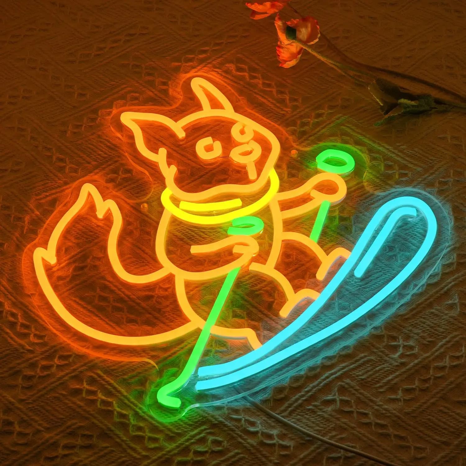 Insegna al Neon con Scoiattolo che Fa Sci, Decorazione da Parete, Alimentazione USB, Luce Arancione a Forma di Animale per Camera da Letto, Negozio di Animali, Decorazione per Area Sciistica