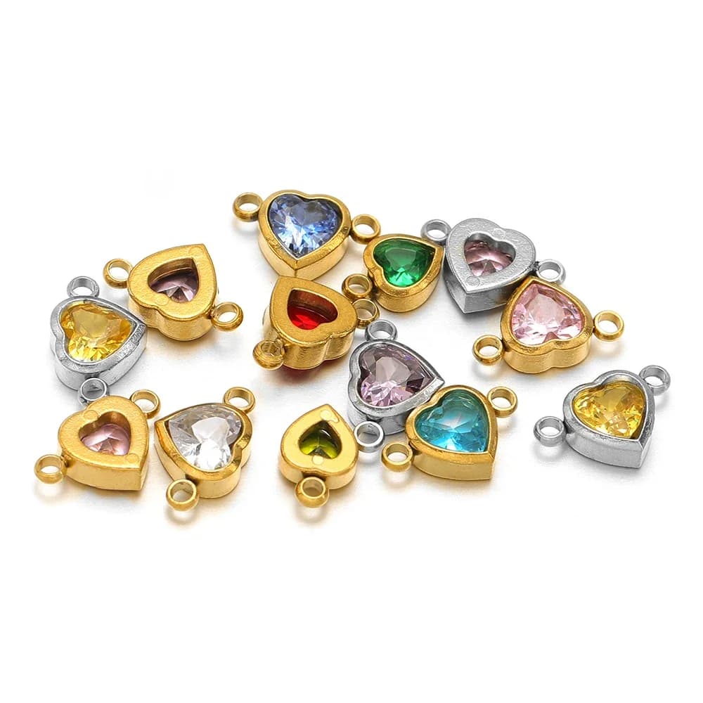 10 pz Acciaio Inossidabile Cuore Zircone Pendenti E Ciondoli Birthstone Doppi Fori Connettori per Collana FAI DA TE Bracciali Raccordi Creazione di Gioielli