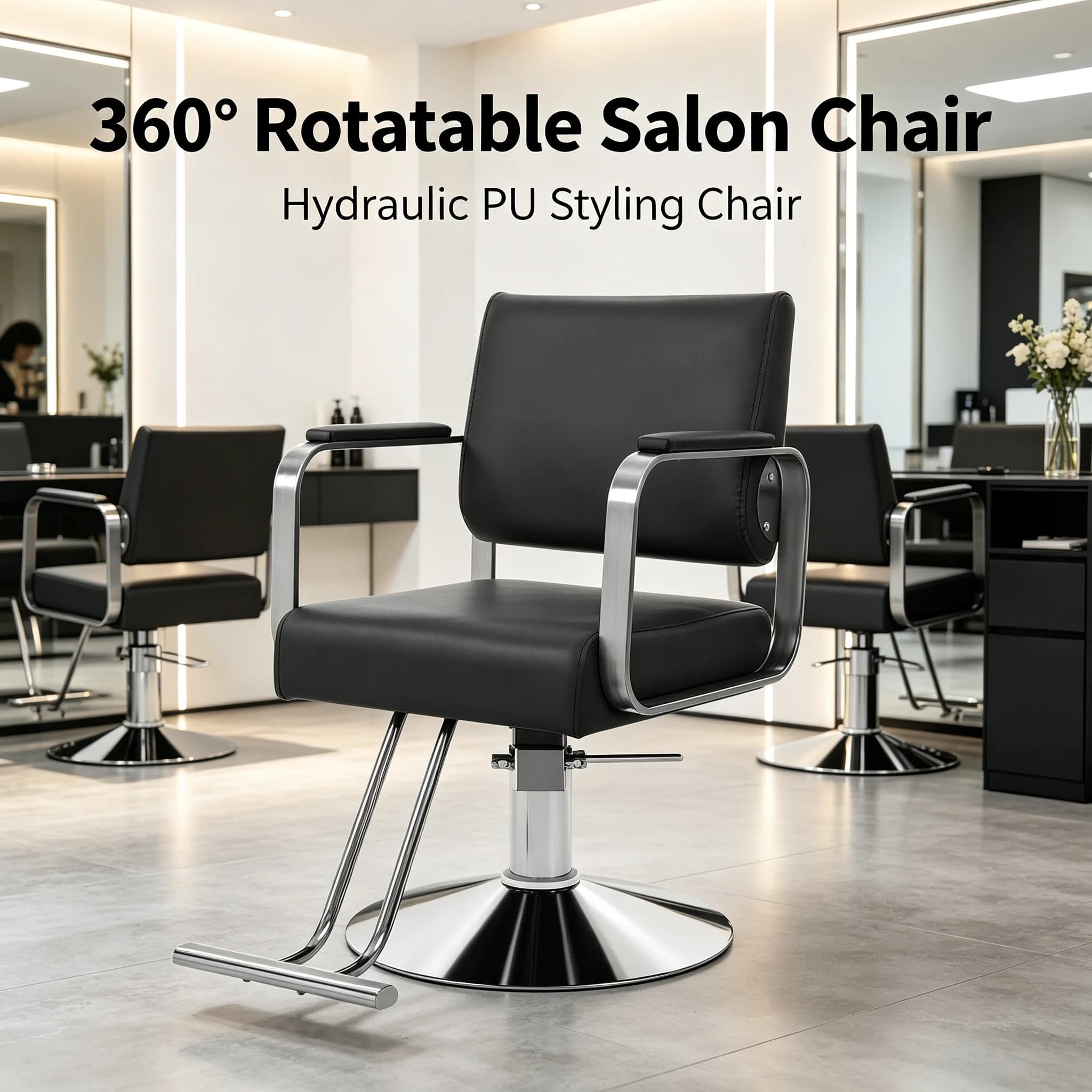 360° Rotatable Salon Chair with Hydraulic Pump, Professional Barber Stylist Chair with PU Cushion & Ergonomic Backrest, 440 lbs Capacity for Beauty Salon Barber Shop, Black/Silver