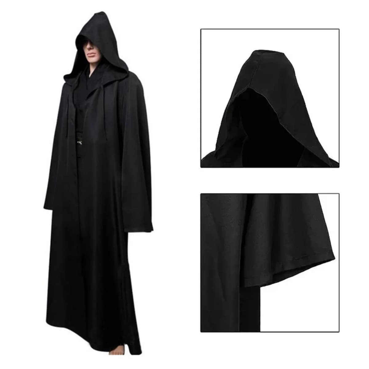 Tunica da Mago con Cappuccio, Mantello per Cosplay, Costume di Halloween, Mantello da Cavaliere Medievale, Camicia Lunga da Stregone, Abito Nero per Cosplay