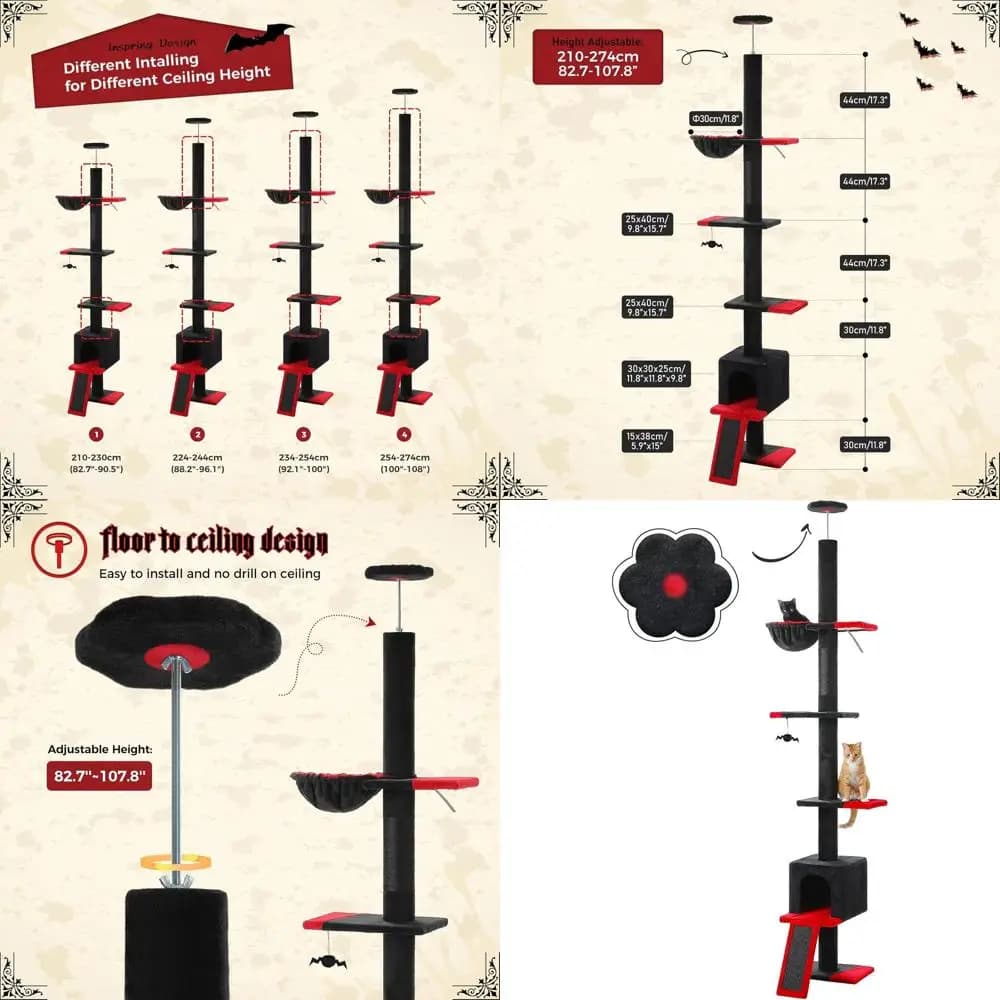 Torre per Gatti da Pavimento a Soffitto con Altezza Regolabile, Albero Rampicante a 5 Livelli, Cuccia, Tiragraffi e Scala, Albero per Gatti da Interno Alto