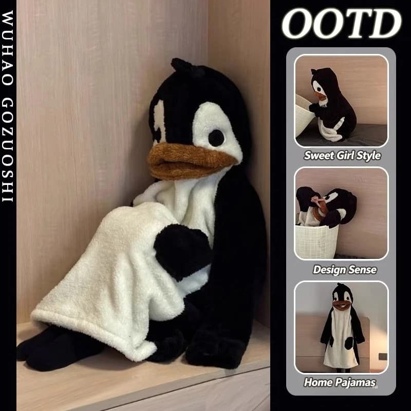 Cute Penguin Hooded Onesie Pajamas, Funny Cartoon Flannel Sleep Robe, Warm Plush Couple Loungewear for Men and Women