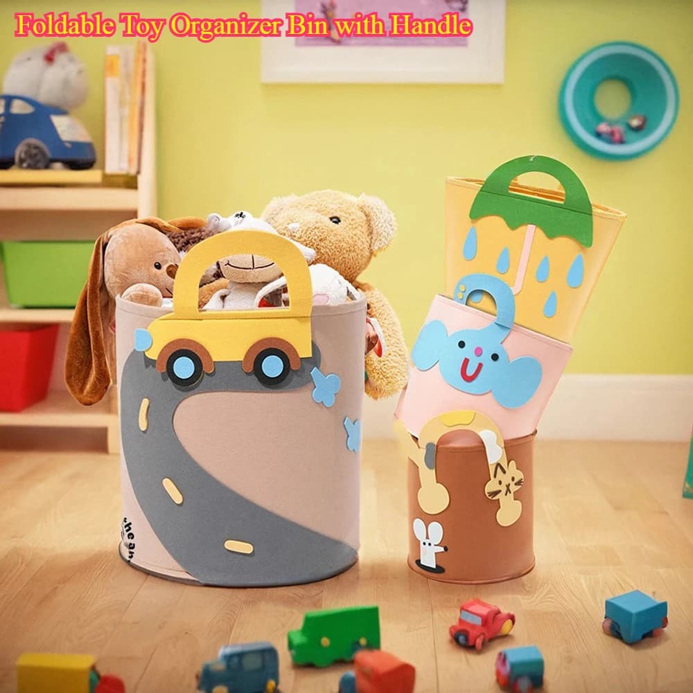 Foldable Toy Organizer Bin with Handle - Cartoon Animal Storage Baskets for Kids Room Home