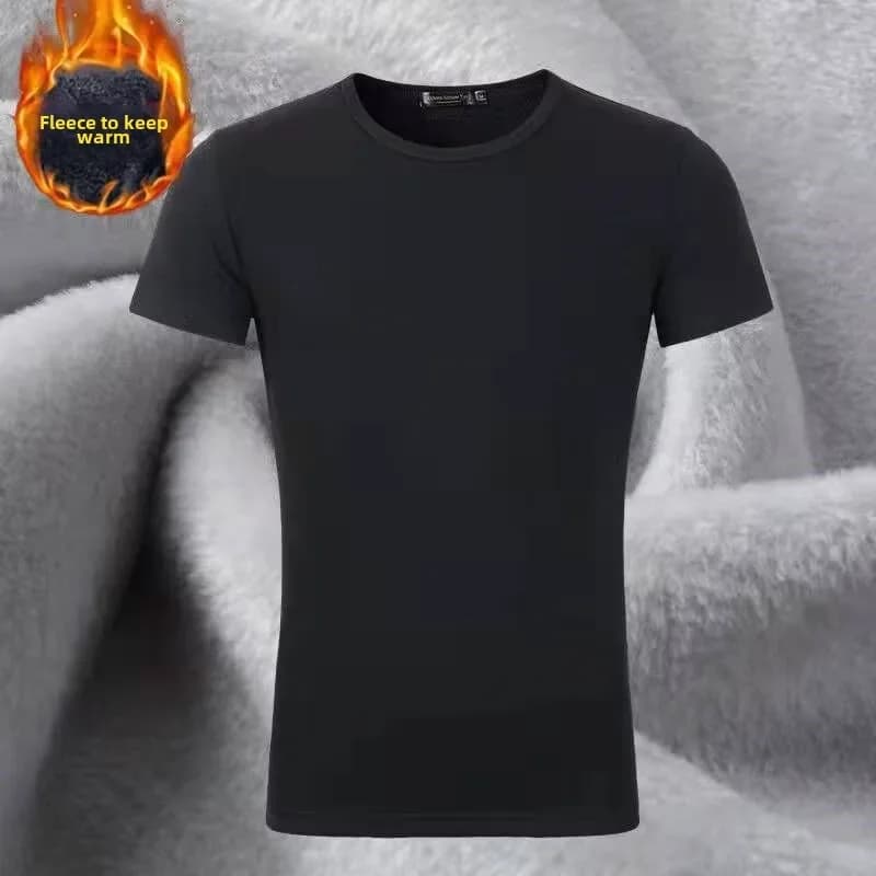 T-shirt da uomo a maniche corte con ispessimento in velluto O-Collo Camicia con fondo morbido e caldo Abiti caldi Fondo intimo sottile foderato in pile