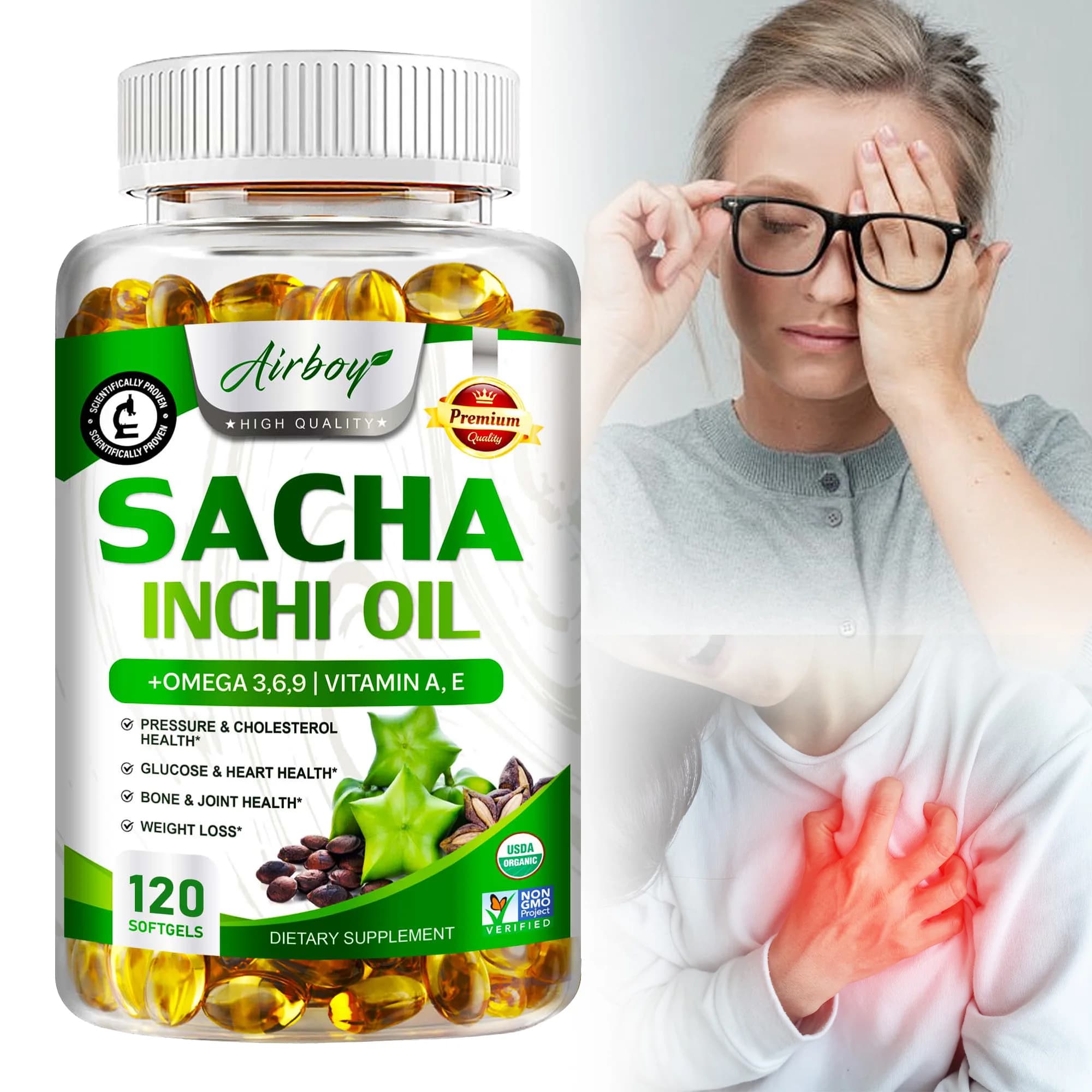 Capsule di olio Sacha Inchi, aminoacidi grassi essenziali Omega 3,6 e 9 - Aumenta la pressione sanguigna, per potenziare gli occhi, cuori, pelle, unghie