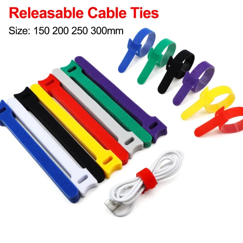 10pcs Reusable Cable Ties T-Type Tape 12x150 200 250 300mm Nylon Hook & Loop Fastener Adjustable Wire Management Cable Organizer