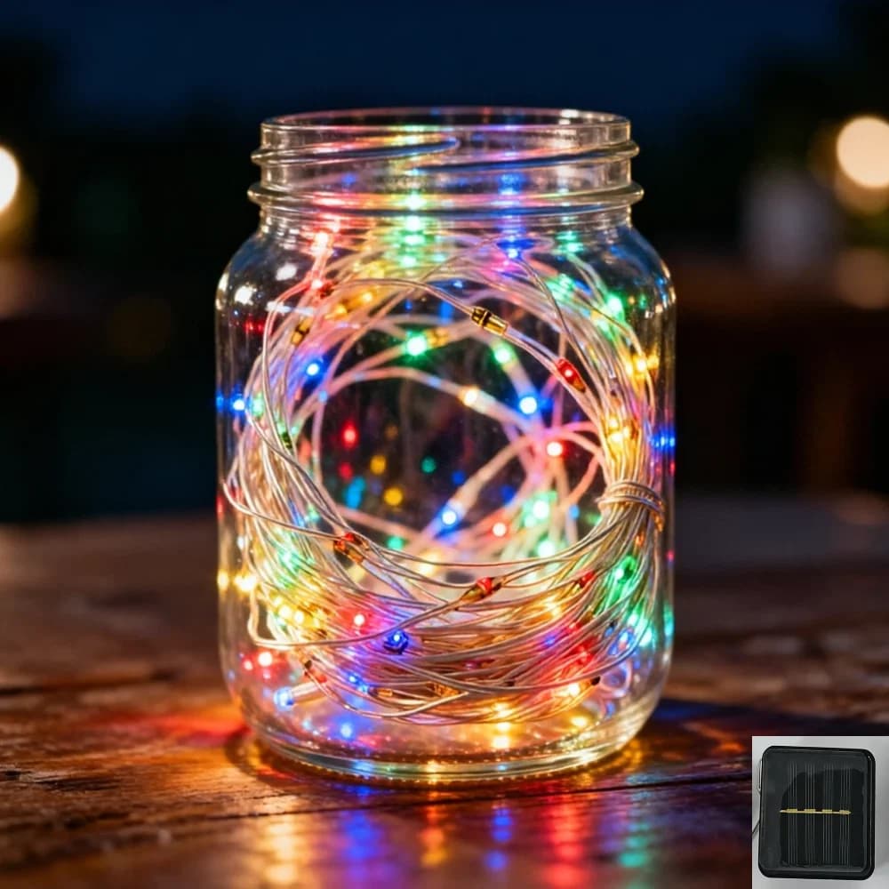 Catena Luminosa Solare in Filo di Rame, 10M/32.81Ft 100 LED, 2 Modalità di Illuminazione, Fai-da-te per Cortile, Matrimoni, Campeggio, Giardino, Feste