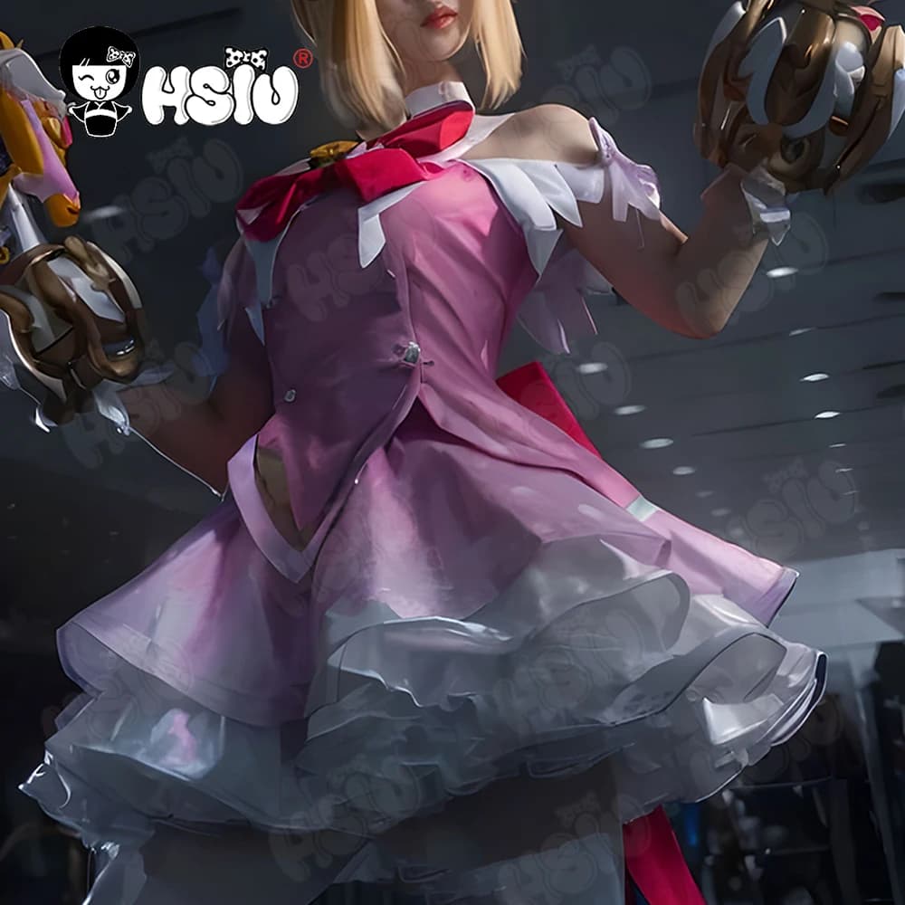 Parrucca del costume cosplay Juno HSIU Bionda Rosa pesca Capelli corti Ragazza magica Pelle Gonna rosa Gioco Overwatch Parrucca del costume cosplay Juno