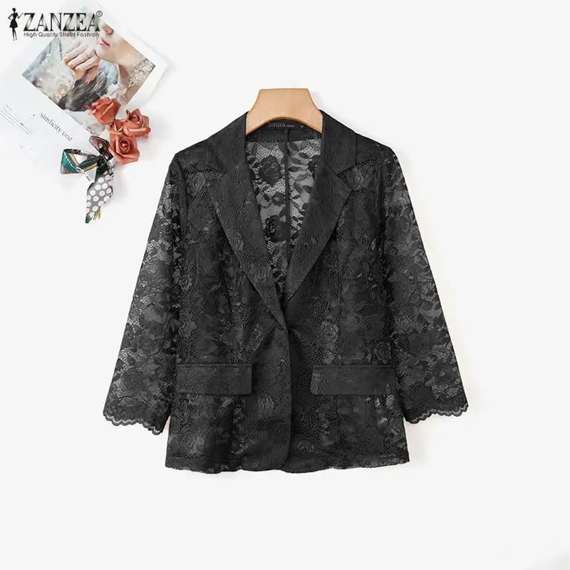 ZANZEA Blazer in pizzo alla moda, estivo e primaverile, con maniche a 3/4, da donna, per l'ufficio, trasparente, oversize, per feste