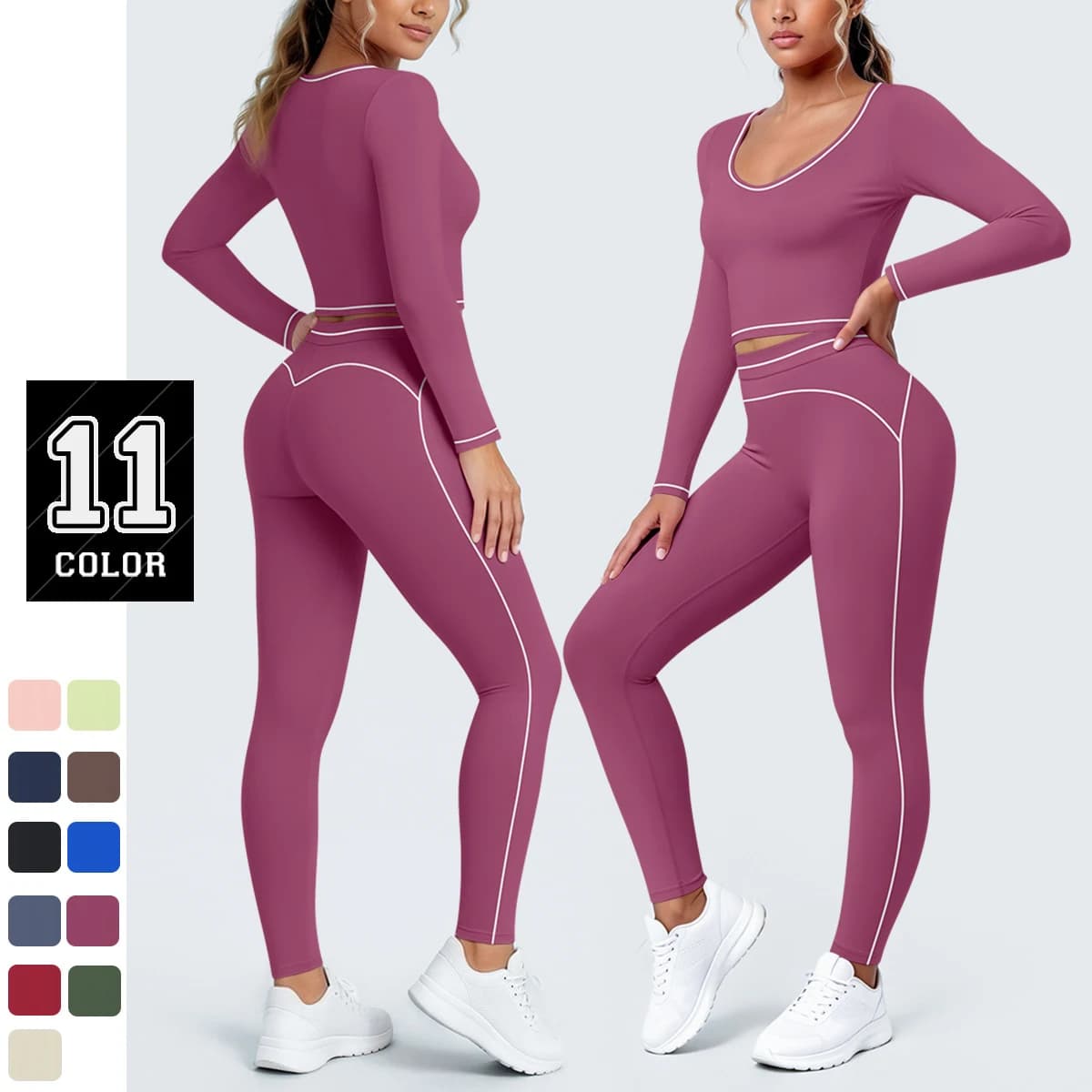Slim Casual Color Blocking Yoga Long Sleeved and Pants Set Quick Drying Women Sports Top High Waisted Lifting Buttocks Pants