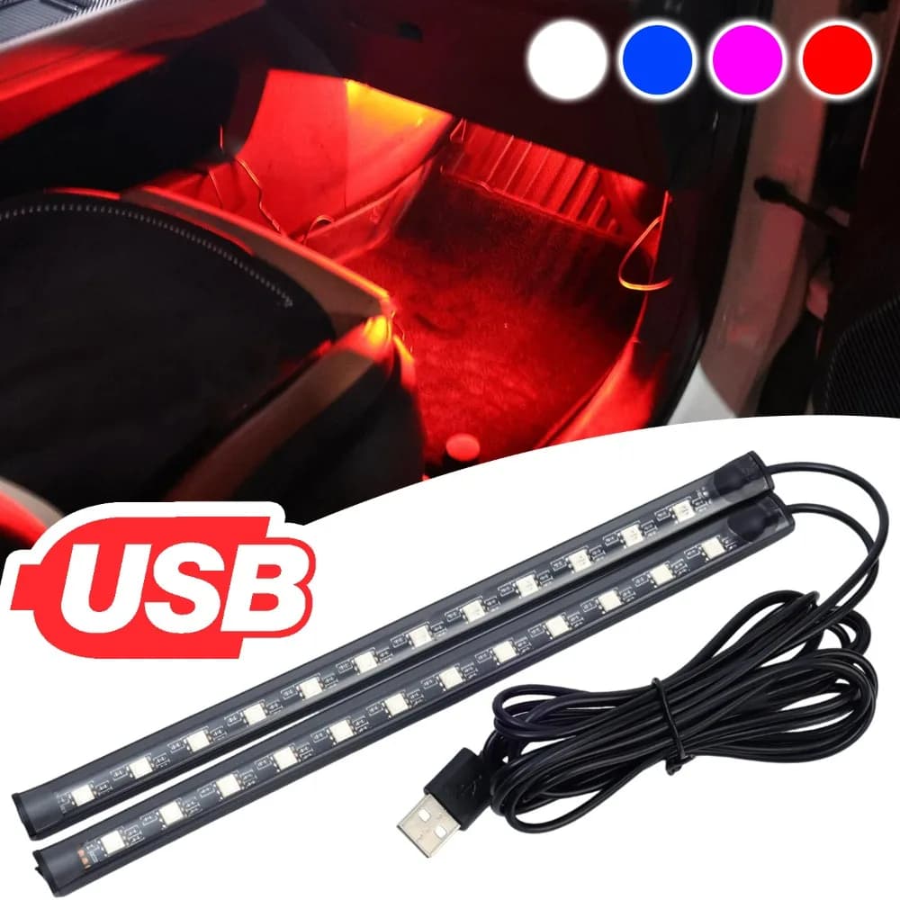 USB Auto LED Strip Light Lampada per atmosfera interna 12 LED Pedana Retroilluminazione Illuminazione ambientale Accessori decorativi per auto 22,5 cm