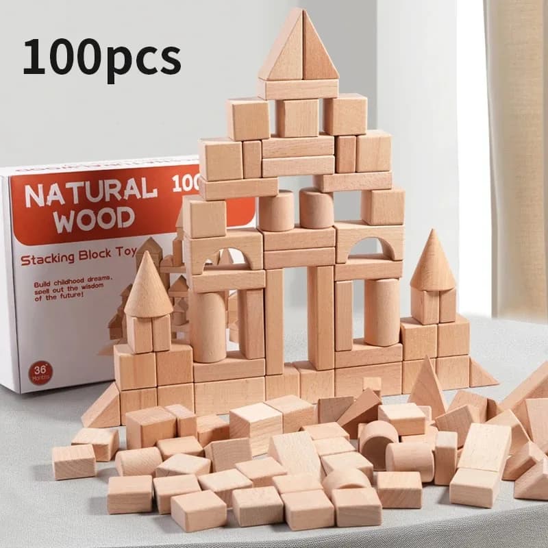 【Best-seller】100 pezzi di blocchi da costruzione in legno naturale per bambini, secchio geometrico per riporre oggetti e coperchio per ordinare le forme, Montessori Educatio