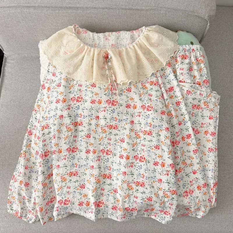 Spring Autumn Floral Print Women's Pajama Set with Lace Patchwork Long Sleeve and Pants Sleepwear Casual Loungewear Pajamas Fall