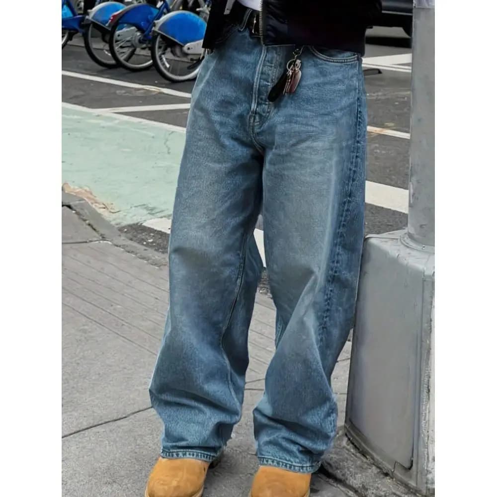 Jeans da uomo alla moda, casual, a gamba larga, pantaloni a gamba dritta, jeans stile street.