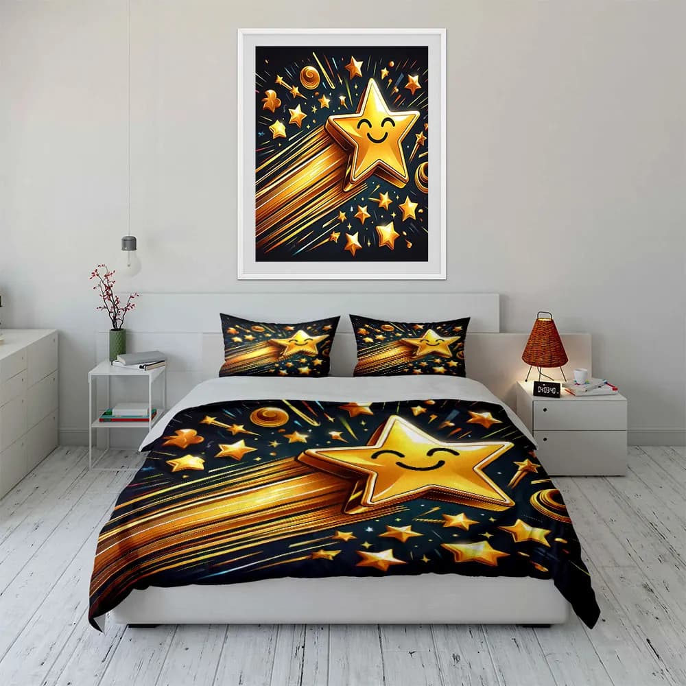 Set Decorativo Golden Star, Set Biancheria da Letto con 1 Copripiumino e 2 Federe, Singolo, Matrimoniale, King, Queen, Regalo