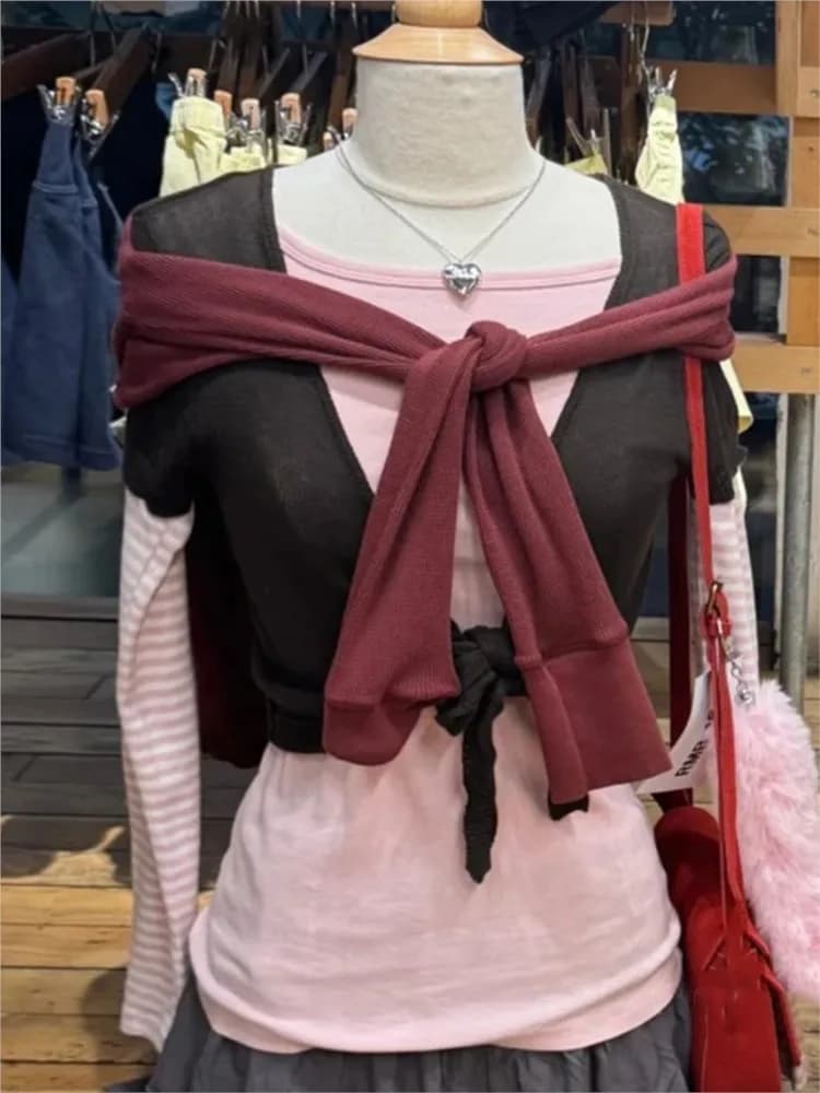Cardigan con lacci corto lavorato a maglia Donna Primavera Cotone Slim Scollo a V Grembiule sexy Manica corta T-shirt Retro Semplice Chic Crop Top Y2K