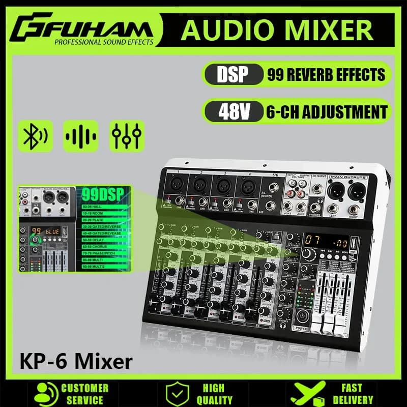 6 Channel Audio Mixer 48V Phantom Power USB Studio Sound Mixers Bluetooth DJ Console Mixing for Karaok