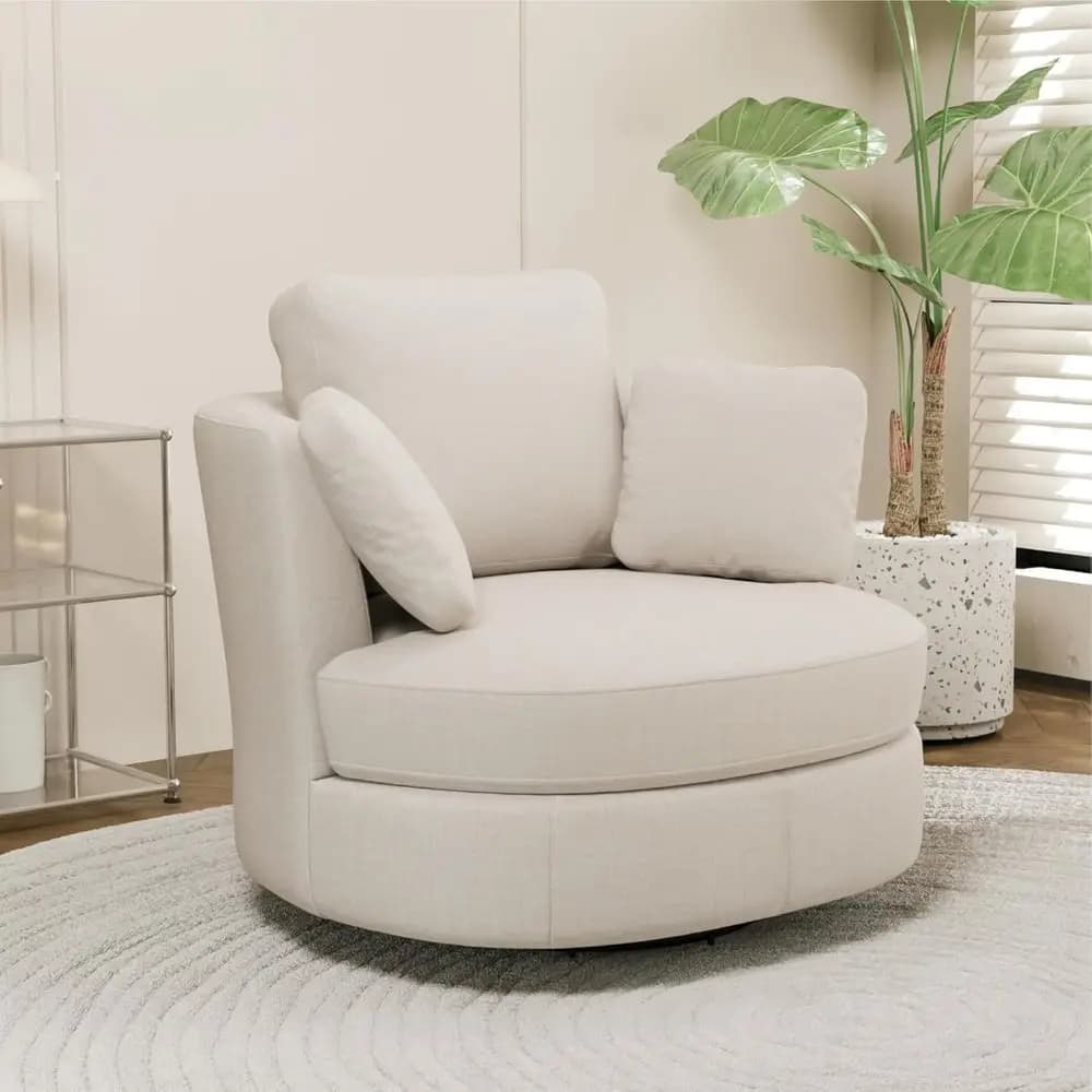 Poltrona Girevole Imbottita con Cuscini per Soggiorno o Camera da Letto, in Ciniglia, Beige