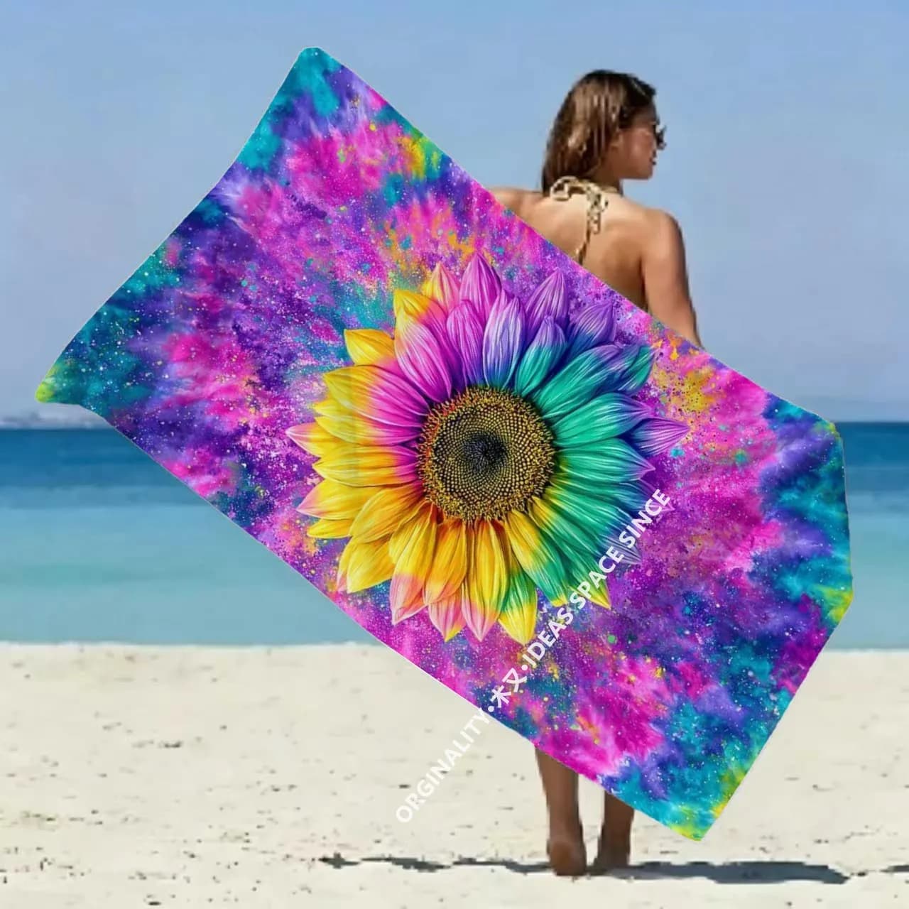 Tie Dye Rainbow Sunflower Beach Towel Patterned Sunscreen And Windproof Suitable For Swimming Pool Camping Travel