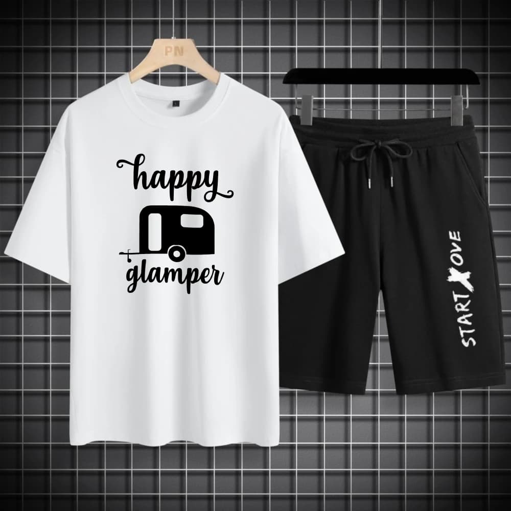 Set da uomo Estate Asciugatura rapida Happy Glamping stampato T-shirt grafiche Completo tuta da uomo vecchio denaro T-shirt a maniche corte + pantaloncini