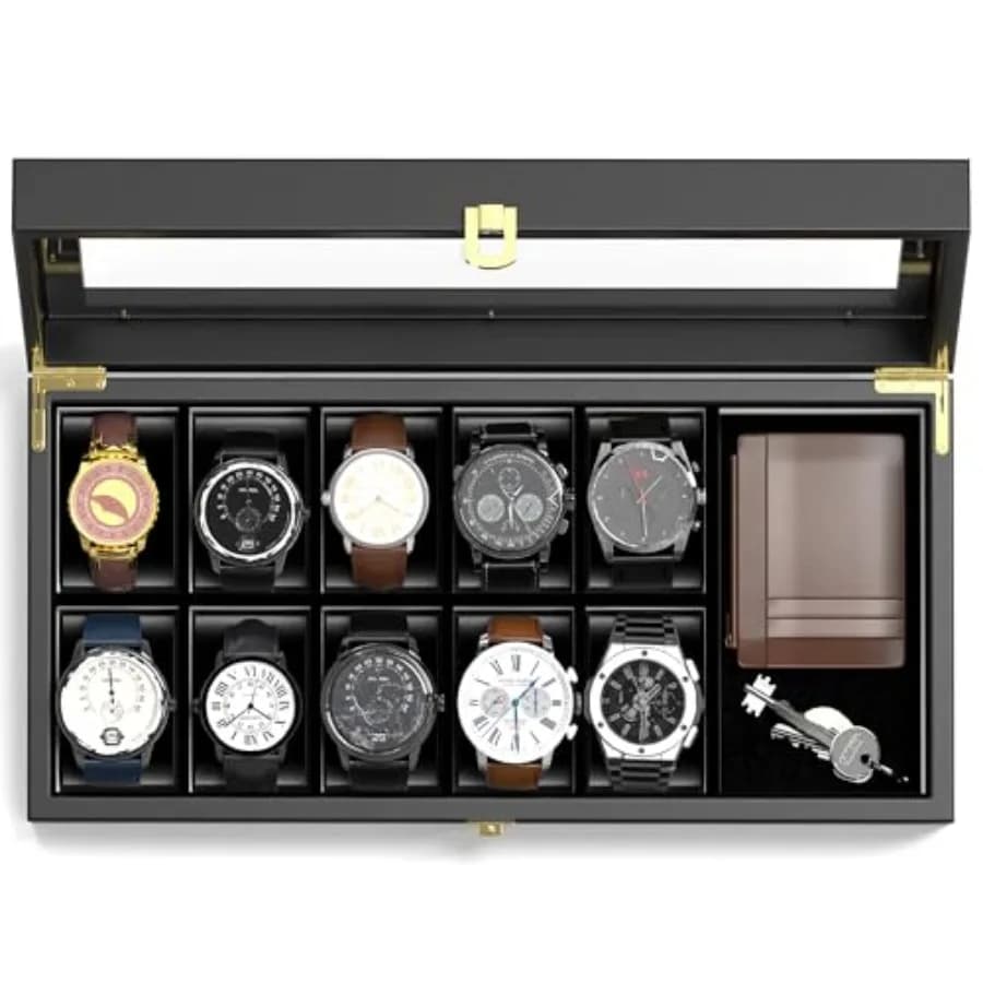 Organizzatore per Orologi da Uomo, Espositore per 10 Orologi con Coperchio in Vetro, Scatola in Legno per Conservazione Orologi, Porta Orologi