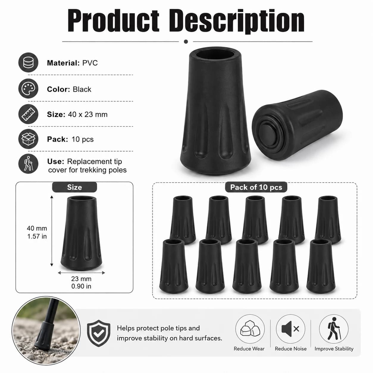 10-40Pcs Rubber Tip Protectors for Trekking Poles, Replacement Walking Stick Feet Caps for Hiking, Camping, Climbing