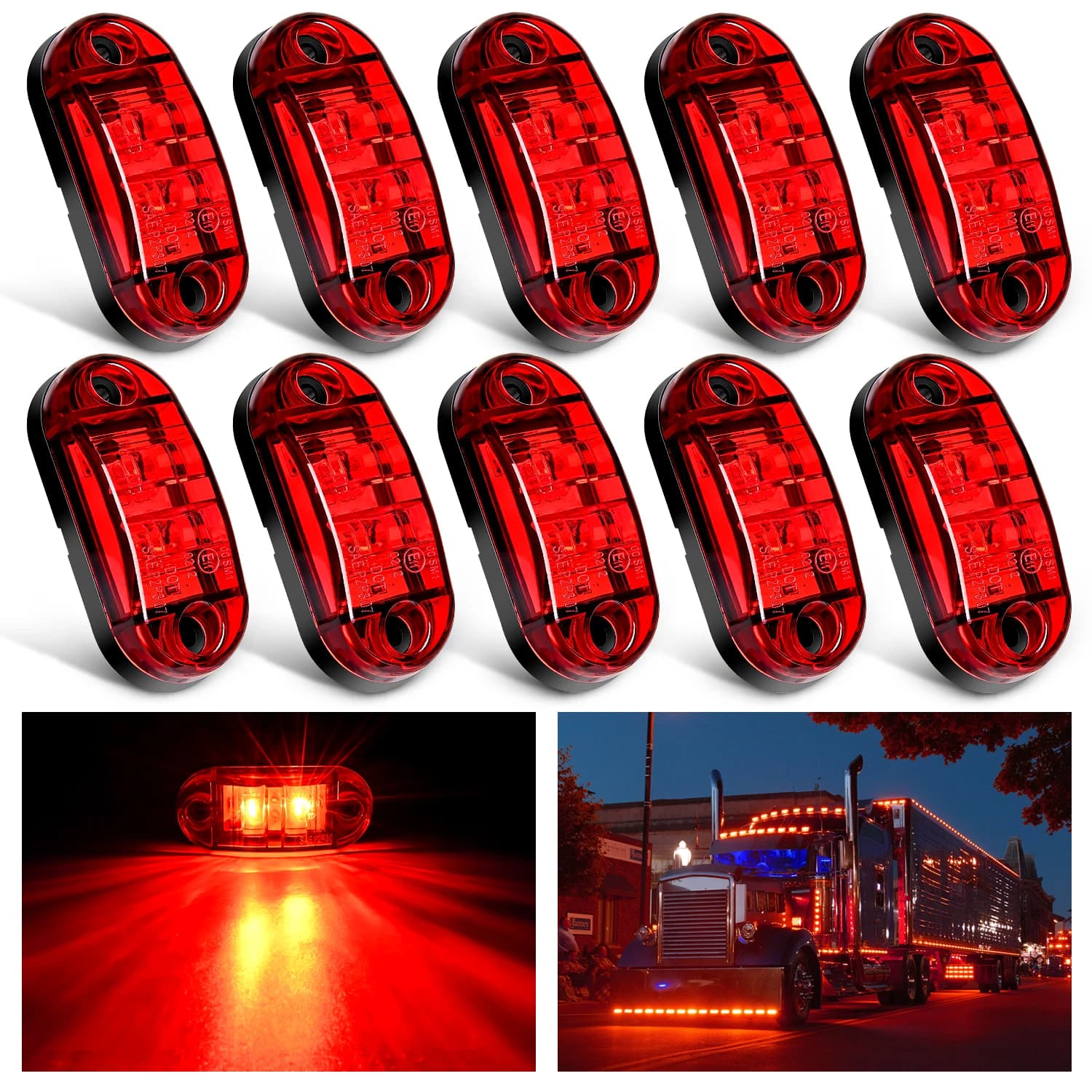 Nilight 2.5" Oval Side Marker Light 10PCS Red 2 Diode LED Surface Mounted | Clearance Fender Lights Waterproof For 10-30V Truck Camper Boat Lorry, Indicator Safety Lamps