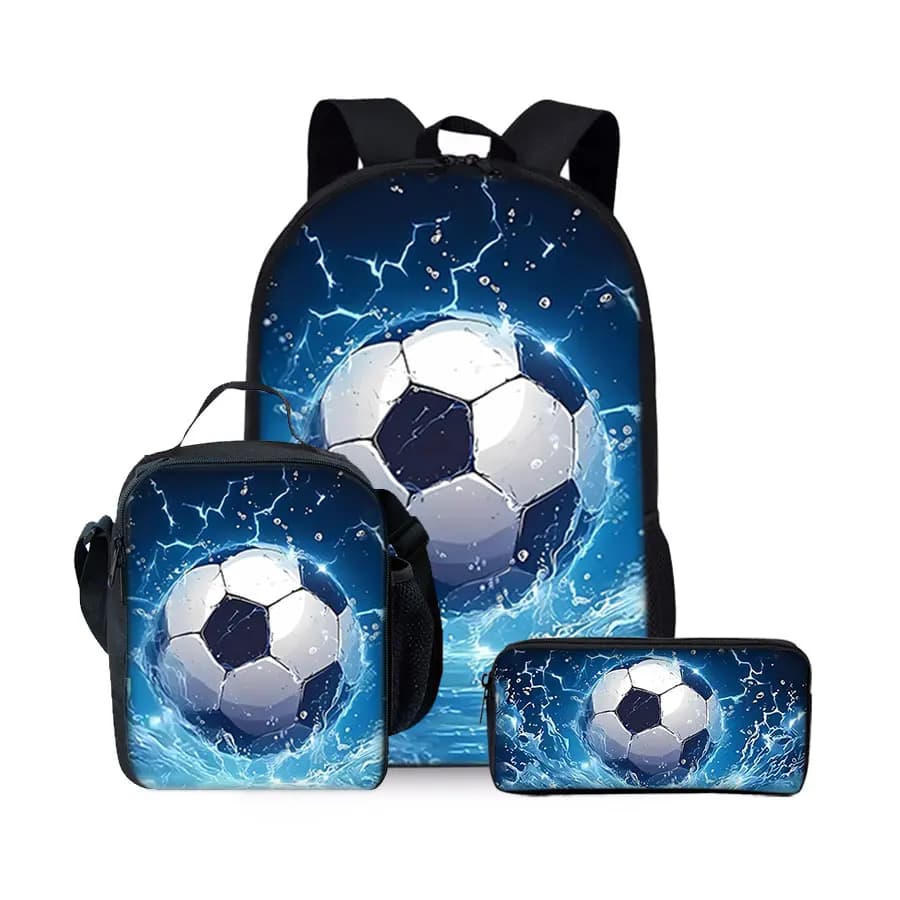 Nuovo Set di Tre Pezzi con Motivo Calcistico, Zaini per Ragazzi e Ragazze, Miglior Regalo, Zaino Scolastico 2D Piatto con Cartoni Animati per Bambini