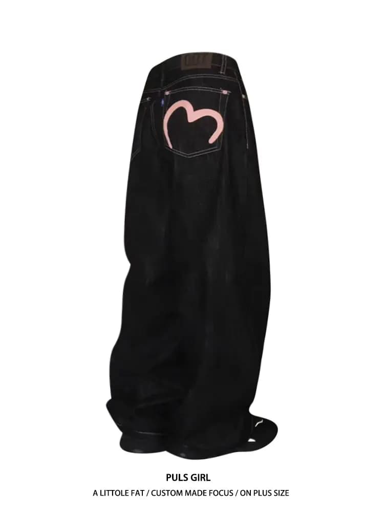 Retro American Large Size Heart Print Denim Pants Women's Loose Casual Drapey Wide Leg Long Trousers High Waist Jeans