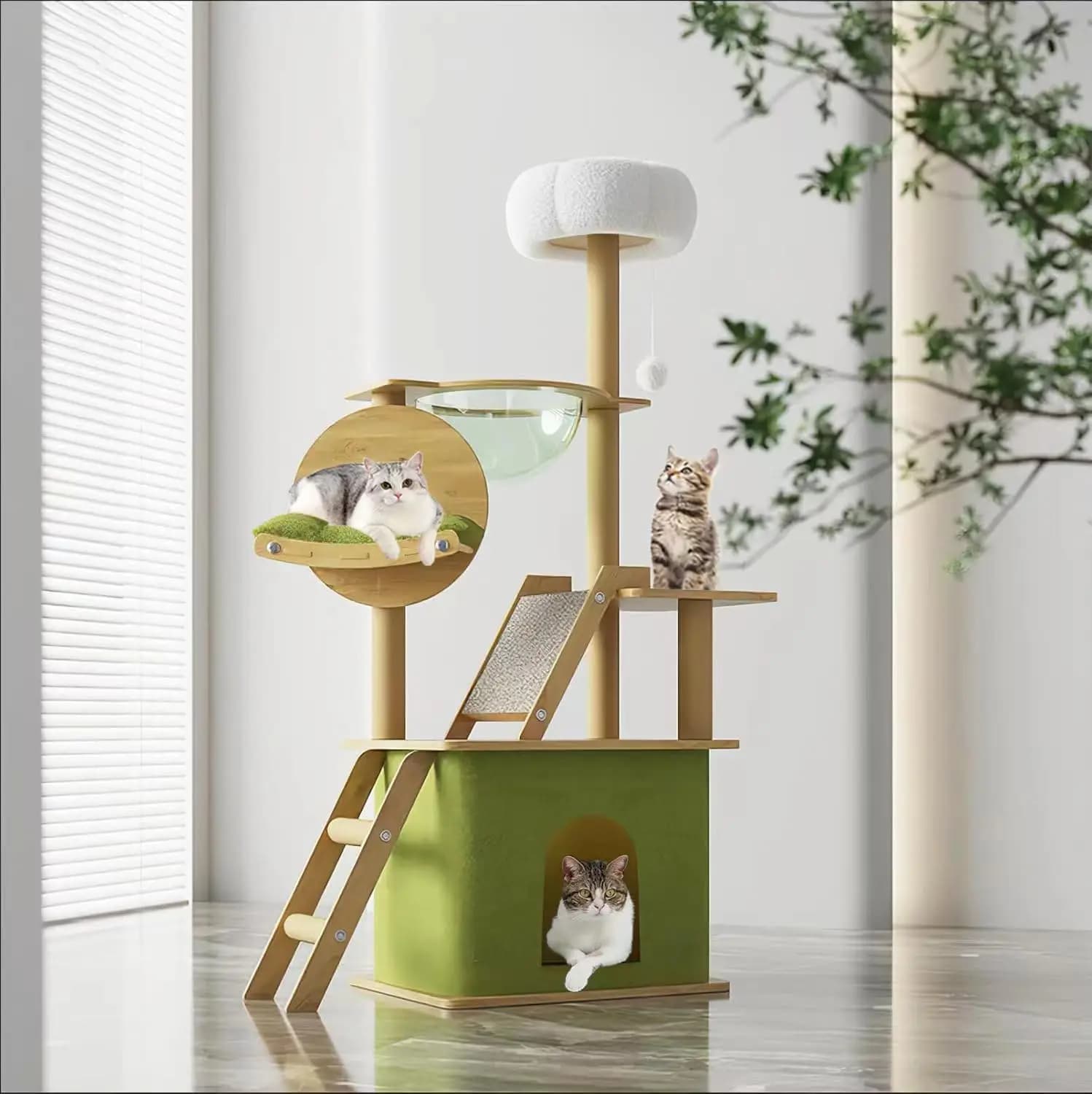 Albero per Gatti Verde da 150 cm per Gatti da Interno Adulti, con Cucce, Tiragraffi, Amaca per Gatti, Capsula Spaziale, Personalizzabile