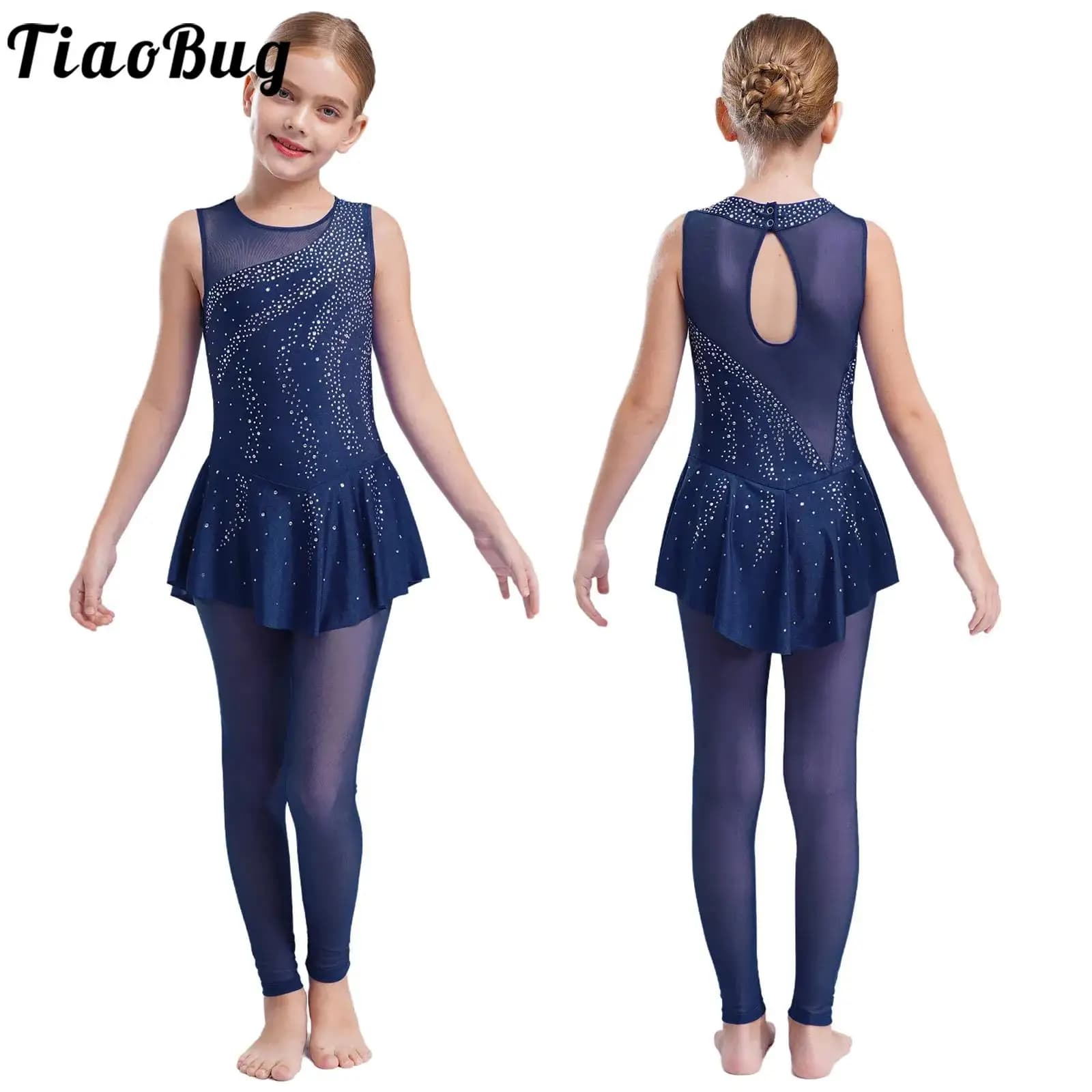 Bambini Ragazze Strass Lucidi Ginnastica Body Balletto Danza Pattinaggio di Figura Acrobazie Costume Yoga Senza Maniche Gonna Body