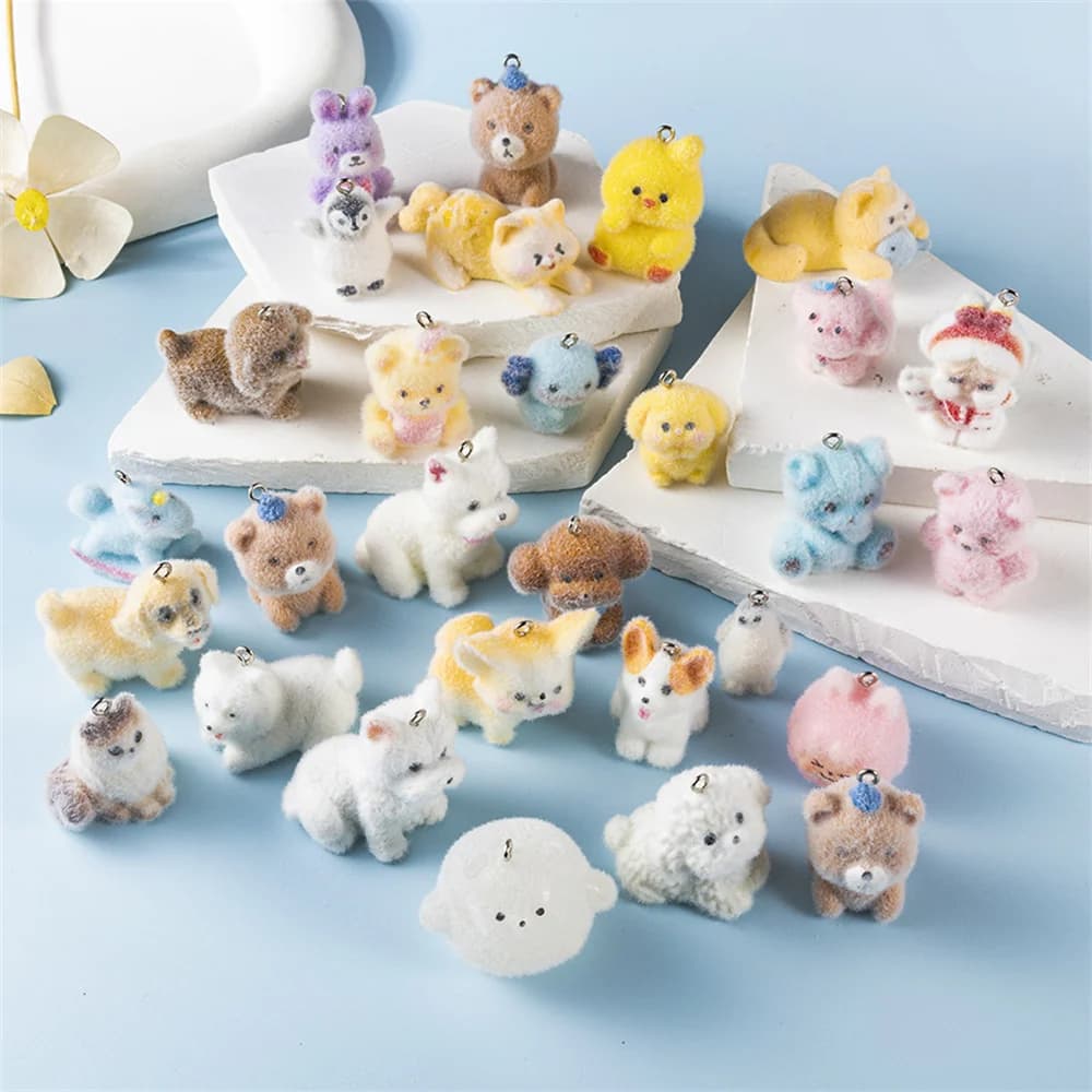 10pcs Flocked Resin Animal (Dog,Bear,Rabbit,etc.) Set – Craft Materials for Handmade Earrings, Bracelets, Necklaces, Keychains