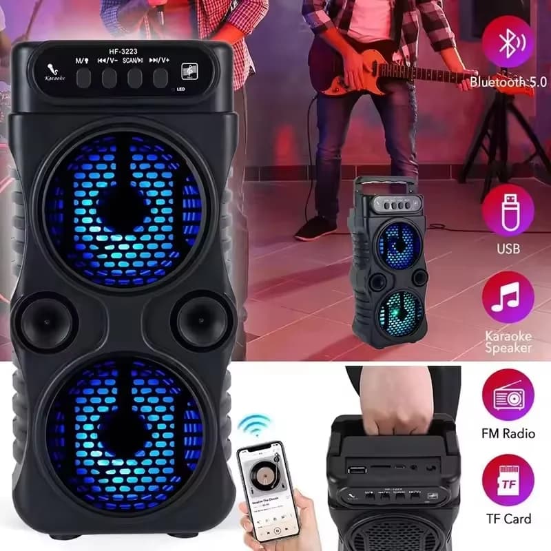 Altoparlante wireless esterno portatile Doppio subwoofer stereo da 3 pollici Bass Boost Radio FM Scheda TF/USB per Promenade Karaoke domestico