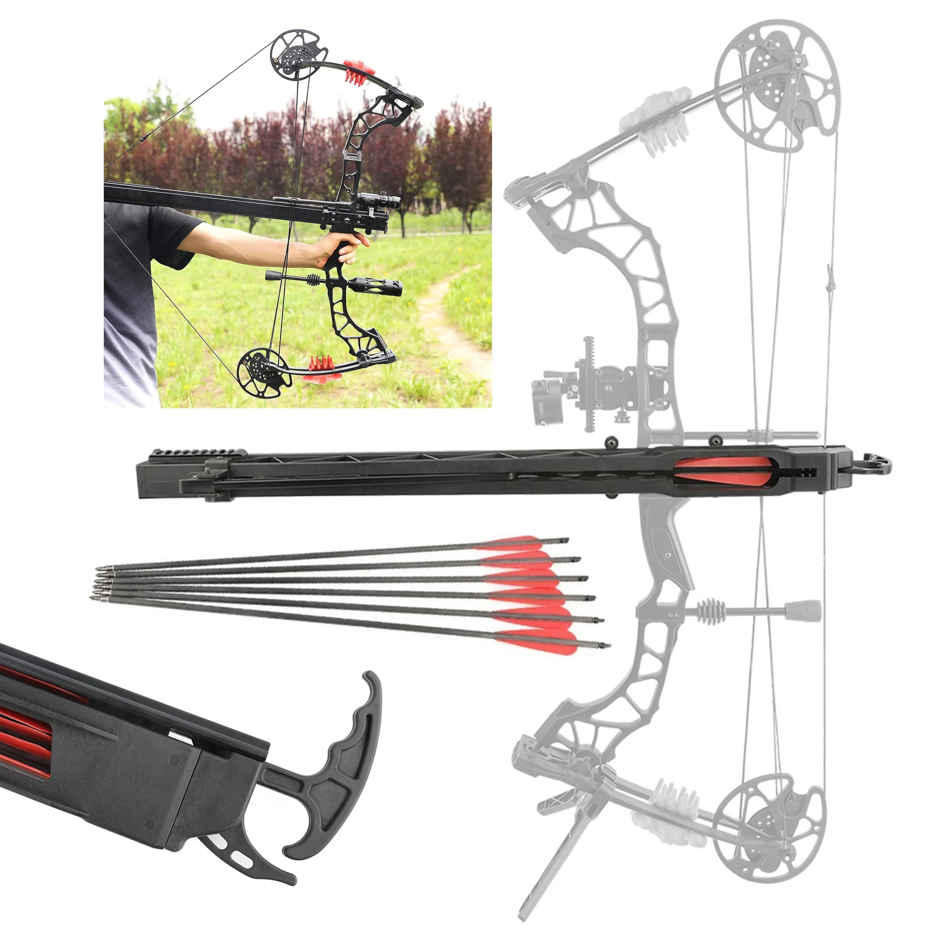 Archery Bow Rapid Launcher Orbital Arrow Shooter Holds 6 Carbon Arrows Durable Compound Bow Accessory for Adult Outdoor Hunting Target Shooting Training Sports Gear