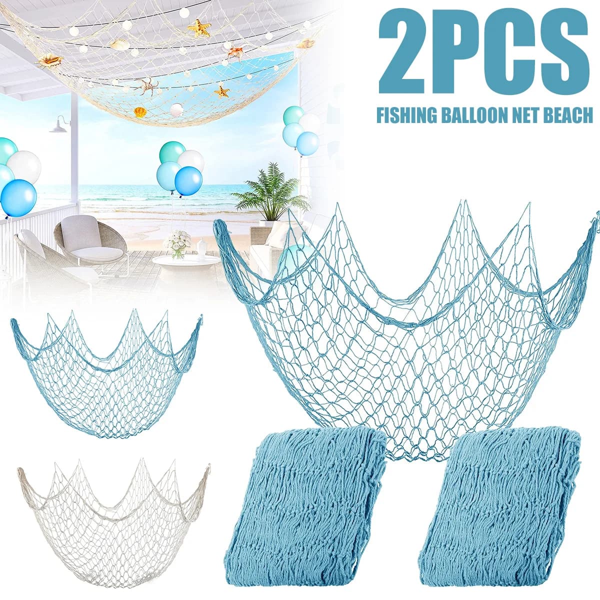 2Pcs Fishing Net Wall Hangings Ornament Cotton Decorative Fishing Net Sea Themed Nautical Birthday Party Home Decor Photo Props