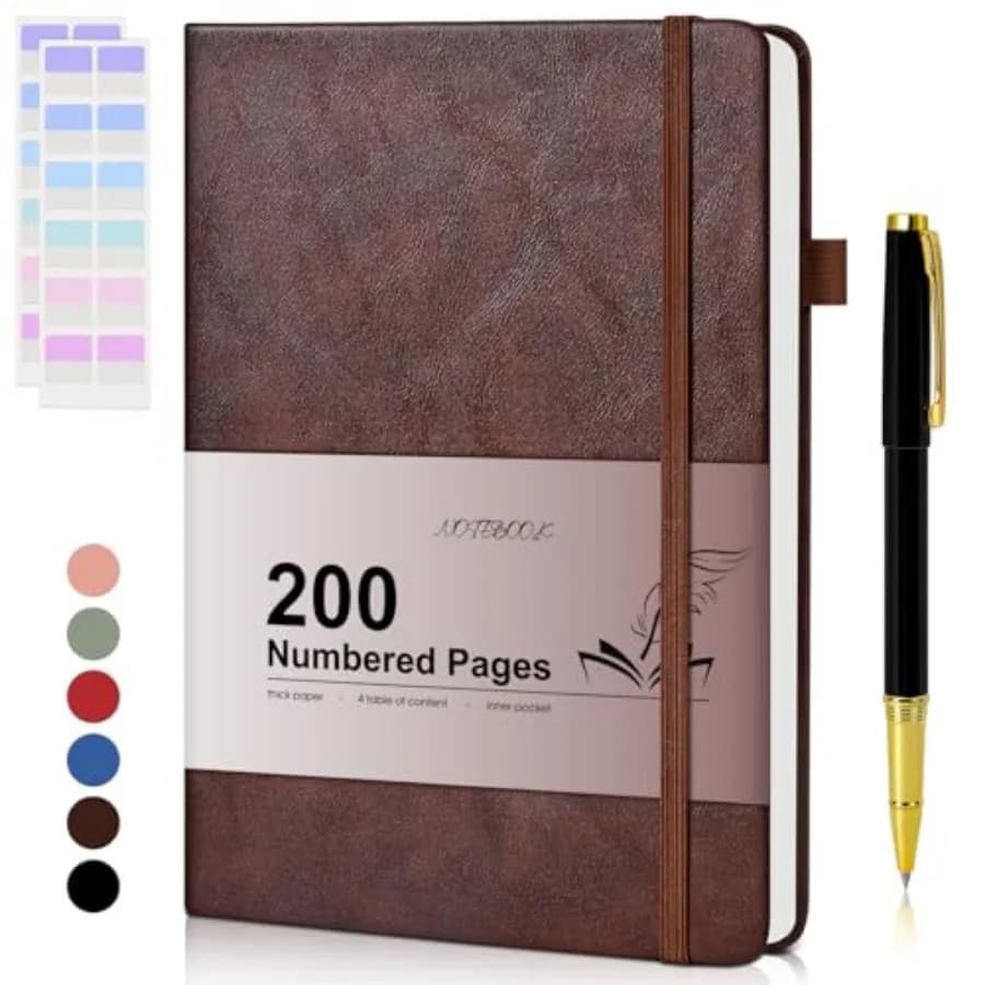 Lined Journal Notebook for Men Women, 200 Numbered Pages Leather Hardcover Journal with Pen, A5 Journaling Notebooks, Thick Pap