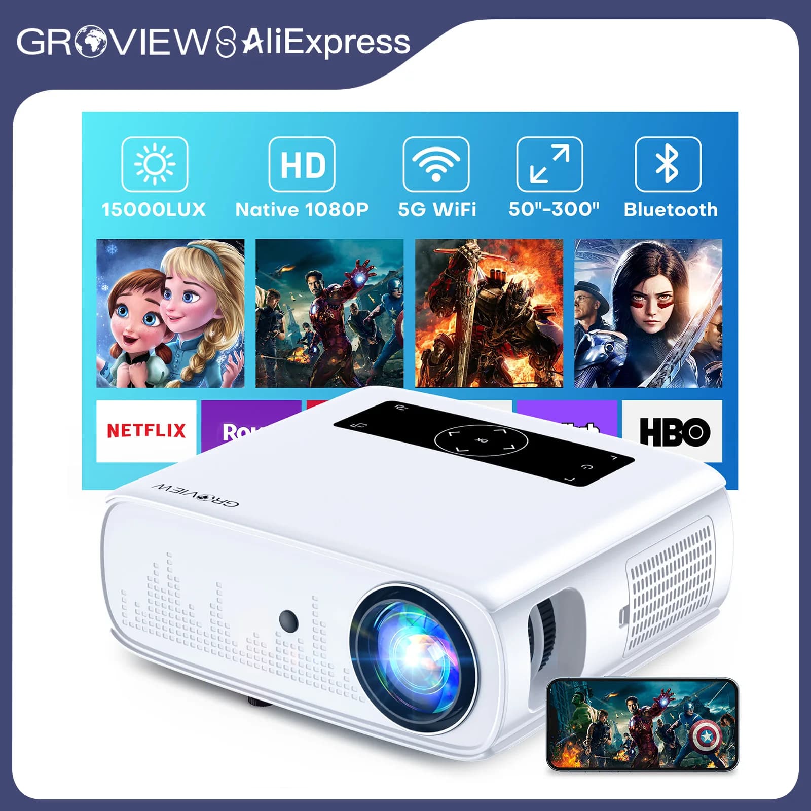 Proiettore GROVIEW 1080P, 15000 Lux, 490 ANSI, WiFi/Bluetooth, schermo da 300", supporto 4K, zoom, sincronizzazione 5G, HDMI/USB/AV/smartphone