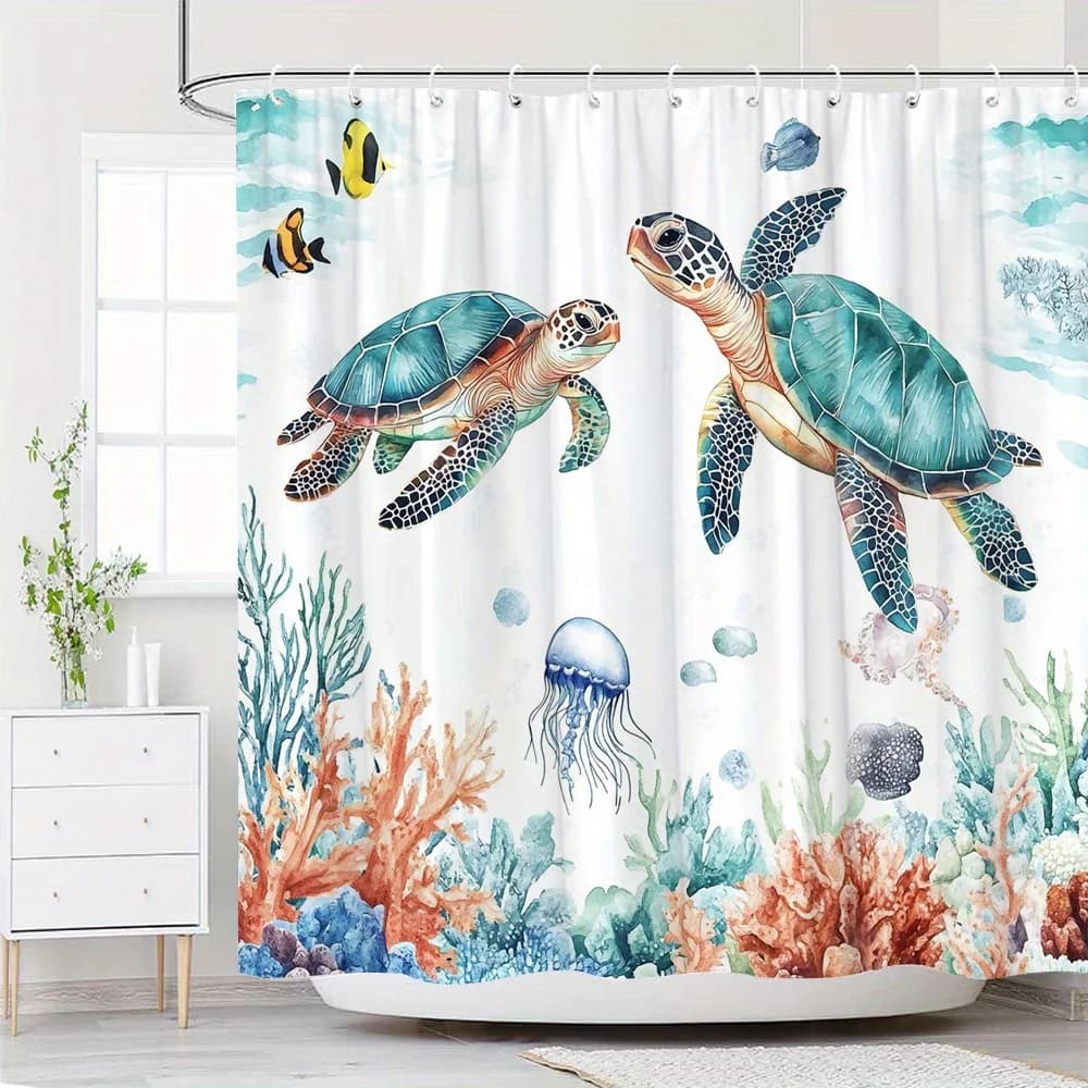 Tenda da doccia con tartarughe marine – Scena subacquea fantasiosa con 2 tartarughe, barriera corallina, meduse e pesci su sfondo bianco, impermeabile