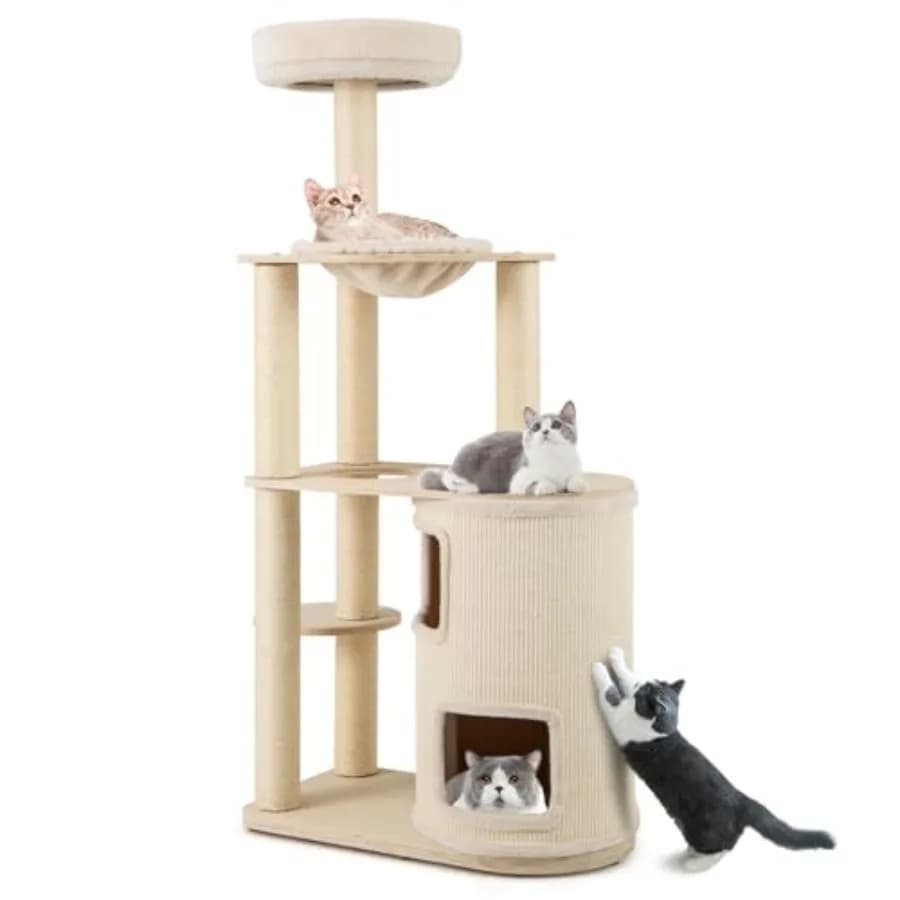 Albero per gatti multi-livello da 60 pollici con struttura in legno, pali in sisal, amaca e cuscino in peluche lavabile, colore grigio