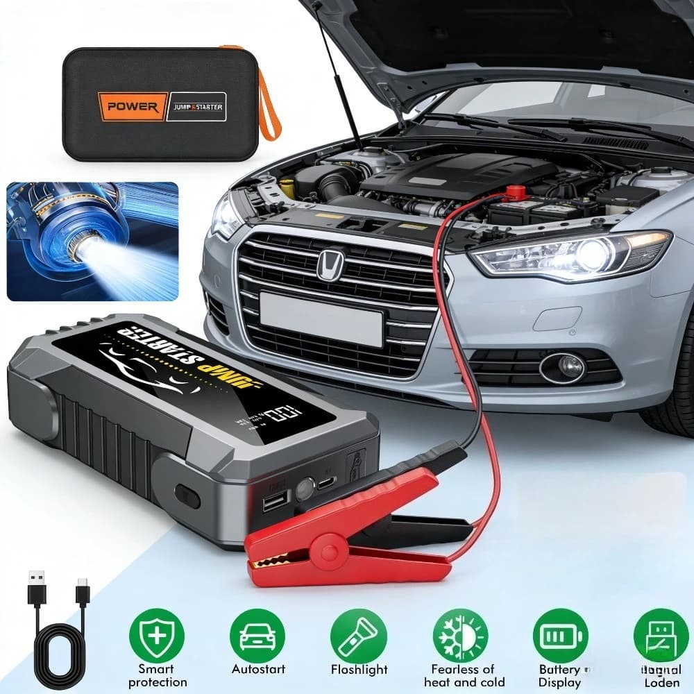 Avviatore di Emergenza per Auto DFITO con Batteria al Litio 12V, Luce LED, Martello di Sicurezza e Borsa in Nylon per Auto e Camion