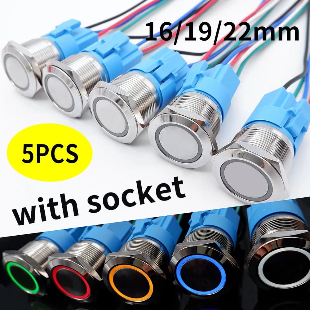 5PCS 16/19/22mm Interruttore a pulsante in metallo Anello impermeabile Lampada Simbolo Alimentazione LED Luce autobloccante On Off 1NO1NC 5V 12V 24V 220V