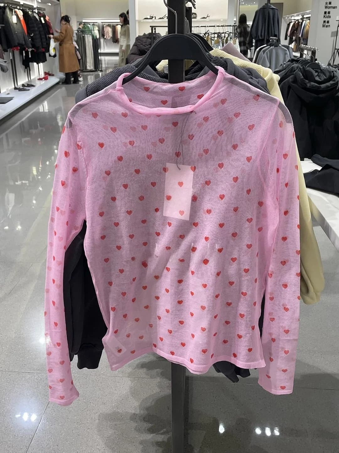 Spring Summer New Women's Sweet Spicy Style Stand Collar Semi Transparent Heart Print Long Sleeve Fine Needle Top
