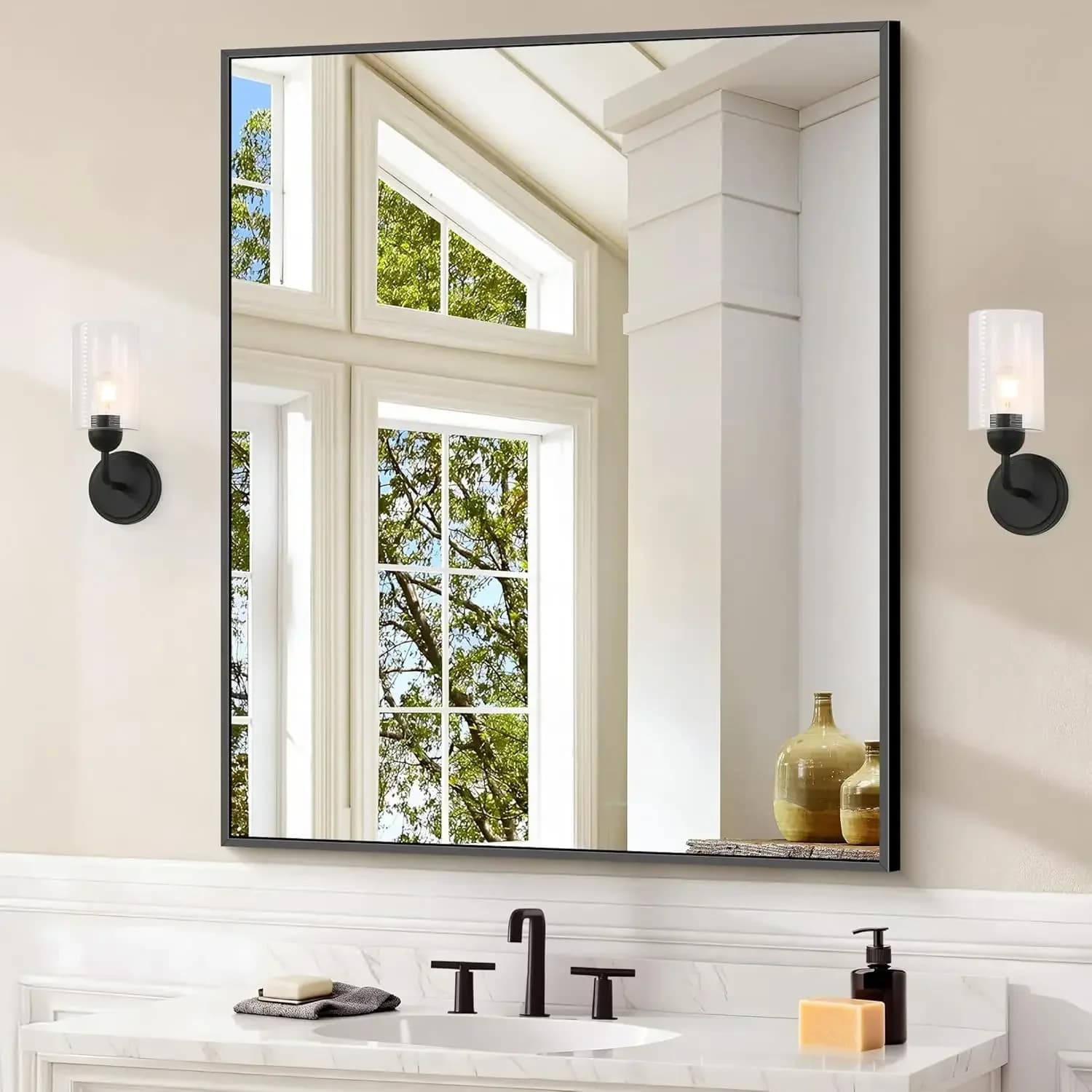 Specchio da Bagno Nero da Parete, Rettangolare 30x36 Pollici con Cornice in Metallo, Specchio Moderno per Bagno, Soggiorno, Ingresso