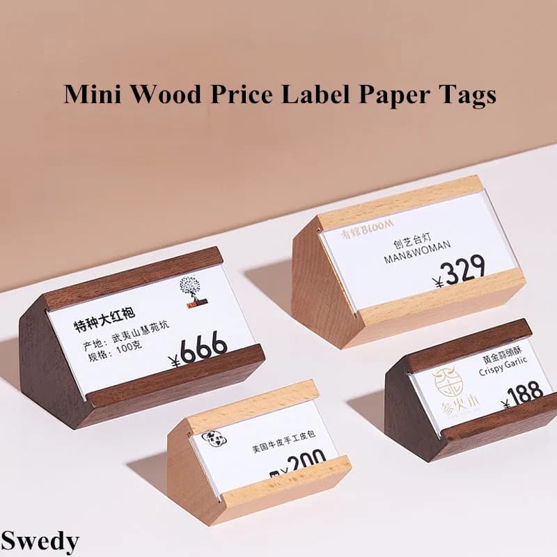 5 Pezzi 50x35mm / 70x45mm Mini Espositore in Legno e Acrilico per Cartelli, Piccolo Porta Numero da Tavolo, Porta Prezzo Prodotto, Etichette in Cartoncino